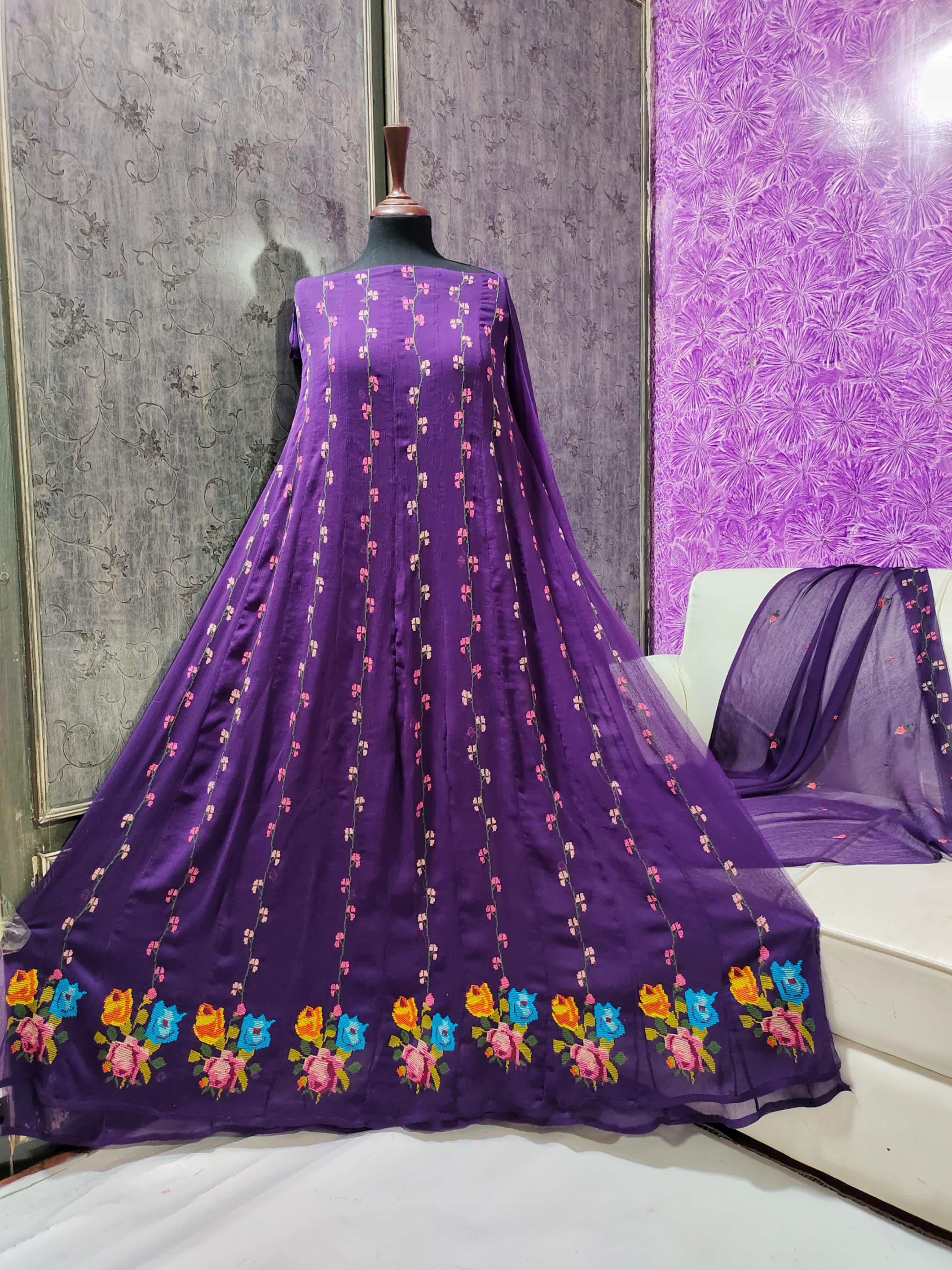 ZOHRA – Purple Multi-Thread Hand Embroidered Semi Stitched Anarkali Frock